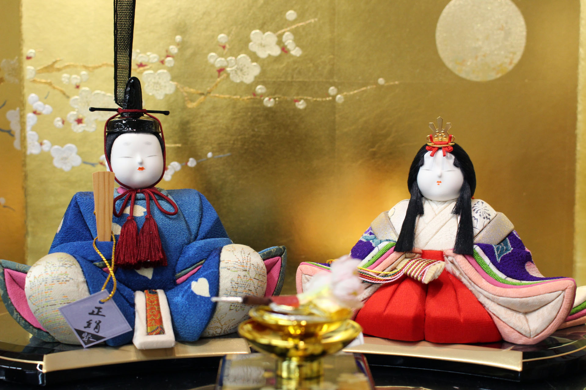 雛人形 おひなさま 木目込み 鈴木賢一 以和喜 時代裂 黄緑鳥柄 紫桜柄