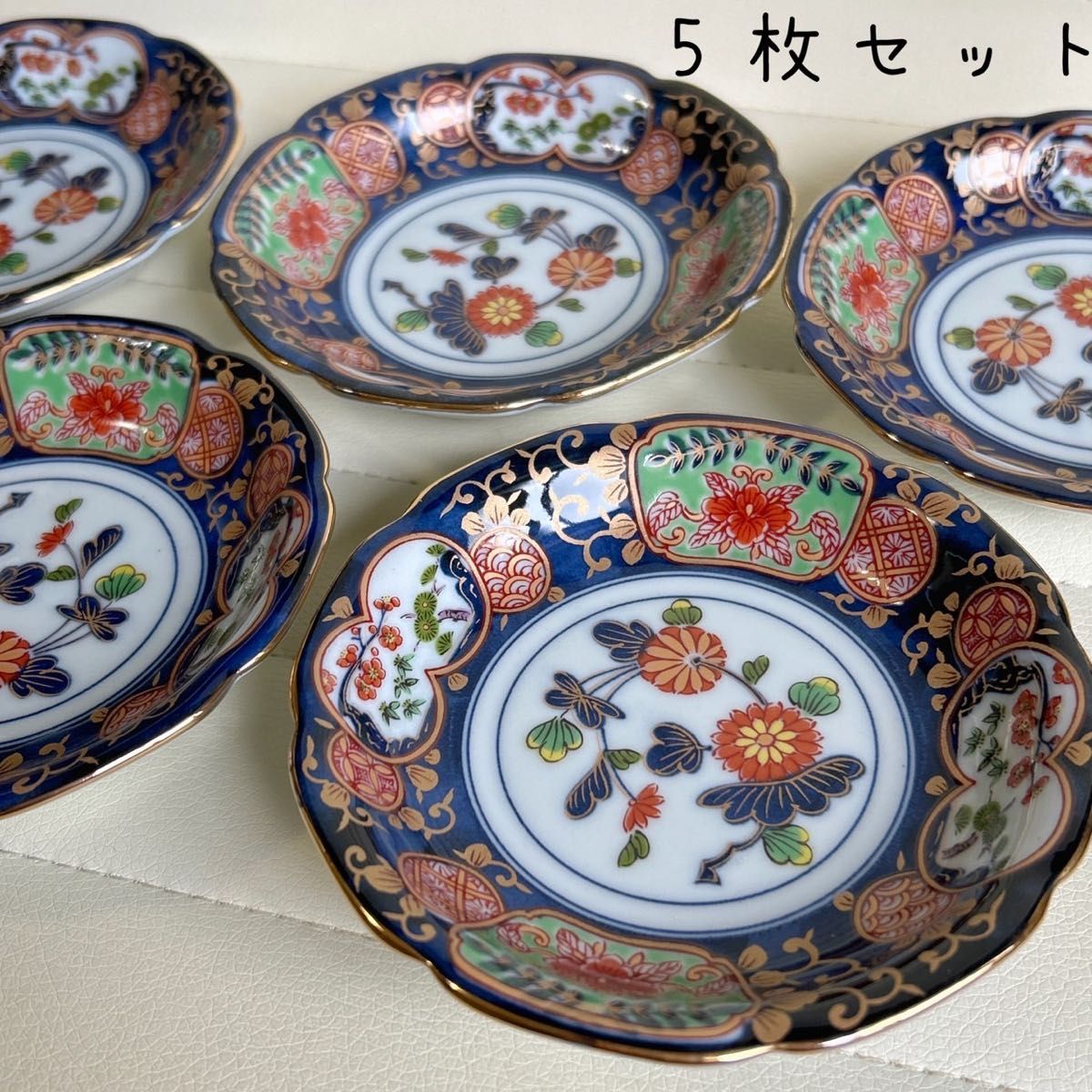 有田焼 清秀 金彩古伊万里様式 小皿揃え 5枚セット 輪花皿 窓絵 染錦